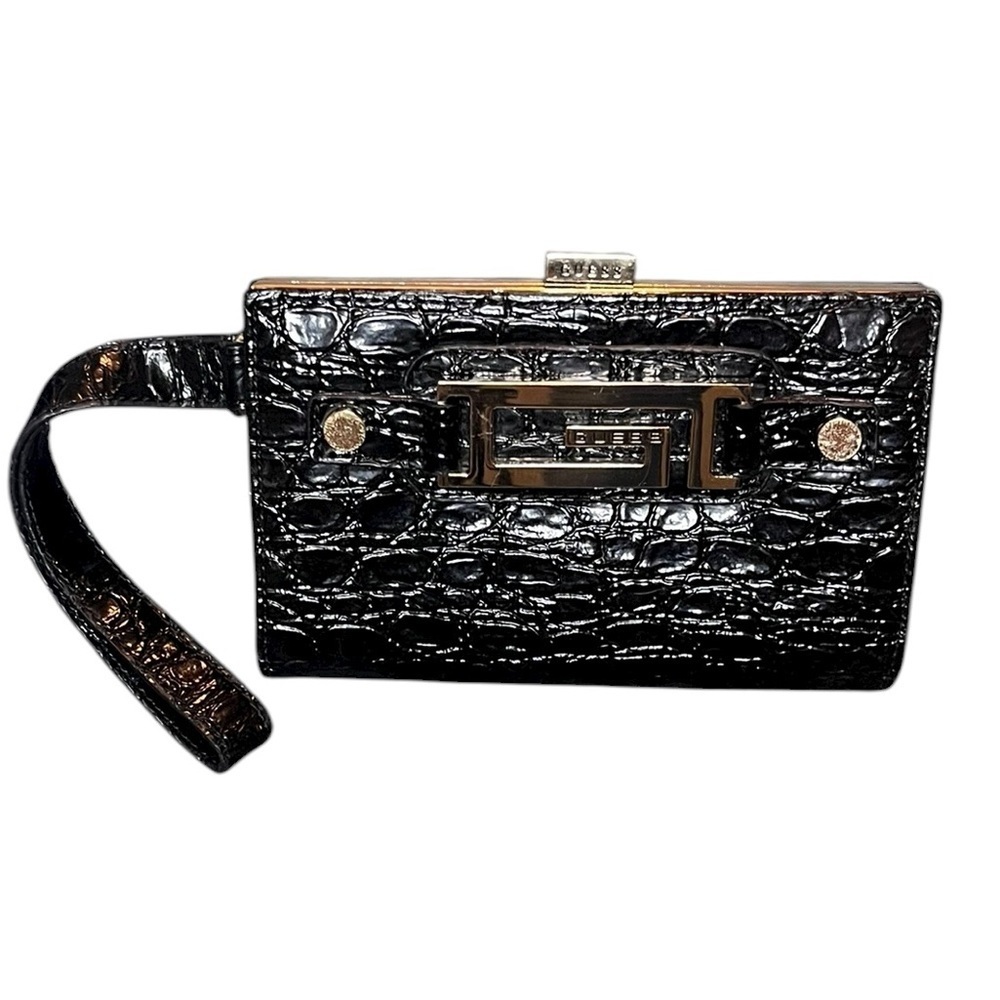 Vintage 2000s Guess Logo Wristlet Purse | Glossy Croc Texture Sleek